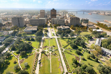 scenic view to downtown Baton Rouge and statue of Huey Long in morning light, Louisiana