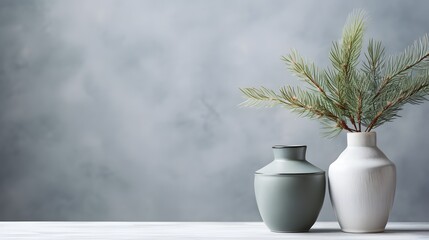 Two ceramic vases holding delicate pine branches standing against a textured minimal grey background. Empty winter banner mock up with copy space for text