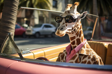 An exotic twist on transportation as a tall and stylish giraffe dons sunglasses for a fun ride. It's a playful take on wildlife and adventure is AI Generative. - obrazy, fototapety, plakaty