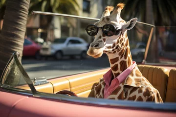 Poster An exotic twist on transportation as a tall and stylish giraffe dons sunglasses for a fun ride. It's a playful take on wildlife and adventure is AI Generative. © Alisa
