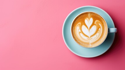 Blue cup of Cappuccino with latte art on simple pink pastel background, top view - obrazy, fototapety, plakaty