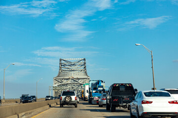 cars crossing the Mississippi at Baton Rouge at the old historic Horace Wilkinson bridge in Baton...