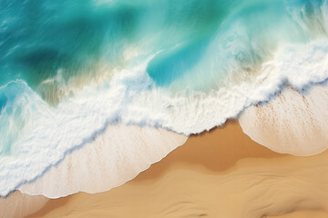 Obraz premium Top view of the beach and coastline, where the turquoise water meets the sandy shore. Aerial view captured from a drone, perfect for travel and vacation concepts. AI Generative.
