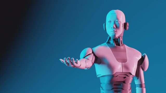 Asian Android robot showing an empty hand, Blue background - 3D render
