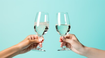 Two glasses of clean water in glasses of wine on blue background. Celebration concept free from alcohol