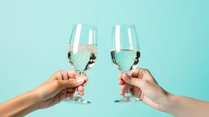 Selbstklebende Fototapeten Two glasses of clean water in glasses of wine on blue background. Celebration concept free from alcohol © mariiaplo