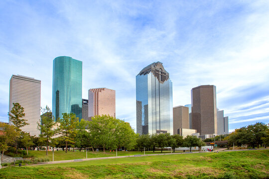 skyline of Houston ij late afternoon seen from the Bayou walk, Texas