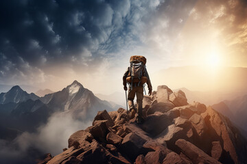 Man hiker on a mountain's edge at sunrise, celebrating success and freedom in the active life concept. The adventure is AI Generative.