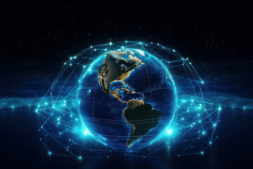 A cosmic perspective of Earth, with city lights forming a connected map. Symbolizing global technology, communication, and the World Wide Web. Globalization is AI Generative.