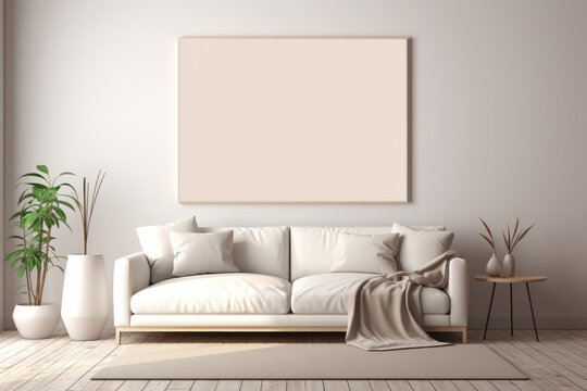 Warm lighting enhances the comfort of a living room with a cozy couch. Home interior design is AI Generative simplicity.