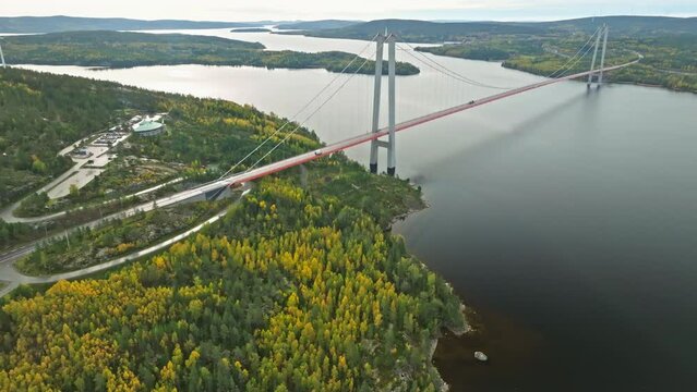 High Coast Bridge Or Veda Bridge, Sweden During Sunrise In Autumn. Aerial Wide Shot