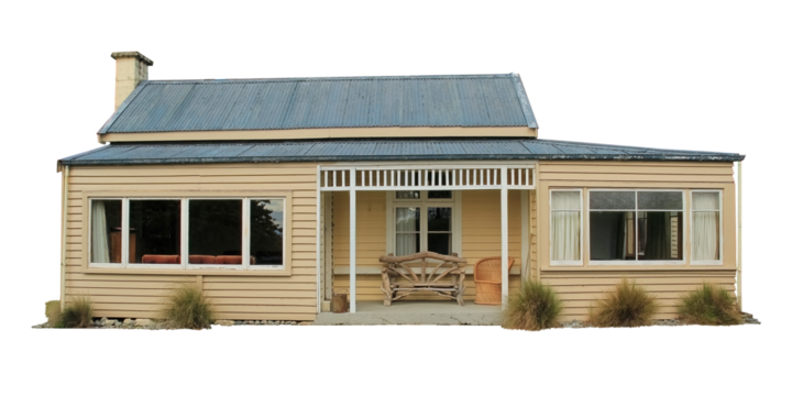 Cutout of an isolated wooden farm house in a rural area with the transparent png	