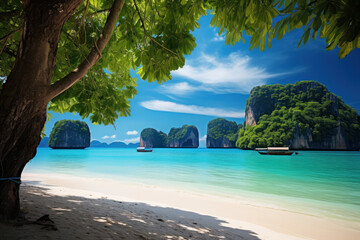 Thailand's stunning Phi Phi Island beach, a paradise for travelers seeking sun, sea, and sand. AI Generative.