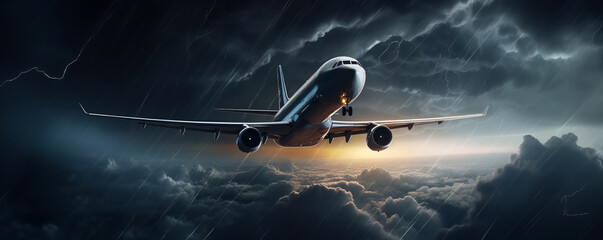 A commercial airliner winging its way through a dark and stormy thunderstorm with lightning, highlighting the determination of air travel in challenging conditions. AI Generative. - obrazy, fototapety, plakaty