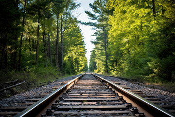 Obraz premium A picturesque forest rail line at sunset reveals an industrial journey. The steel path, amidst nature, offers a unique perspective. AI Generative.