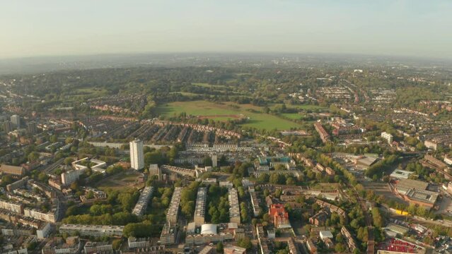 Aerial shot towards Hampstead Heath park