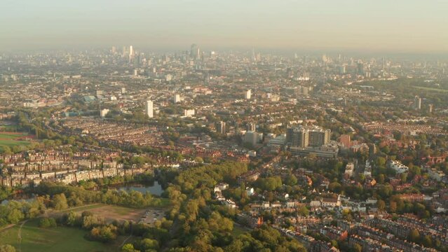 Aerial slider shot of central London skyline from Hampstead and Belsize park