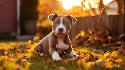 A Cute American Pitbull puppy playing in the backyard with yellow autumn leaves at sunset. The background of the photo is a relaxing environment in the backyard. - obrazy, fototapety, plakaty