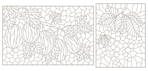 A set of contour illustrations in the style of stained glass with gooseberry and currant branches, isolated on a white background