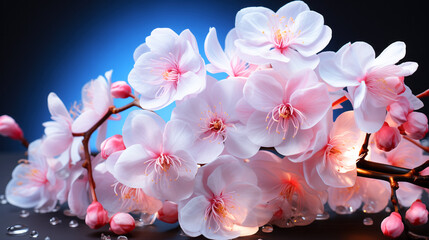 Flowers pink cherry blossoms on blue background.