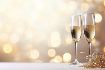 Champagne glasses on a table against a blurred background. A horizontal composition capturing the essence of luxury, joy, and celebration. AI Generative charm is.
