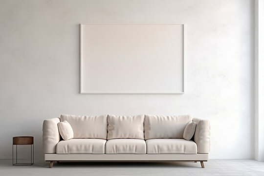 A blank frame poster in a contemporary Scandinavian living room with an elegant white sofa. Stylish interior concept. This description is AI Generative.