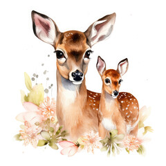 Fototapeta premium Cute mom and baby deer with flower Illustration, Generative Ai