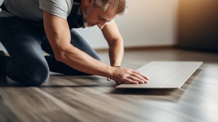 Fototapeta na wymiar A Construction worker installing laminate flooring, room decoration design, professional technician, laminate background.