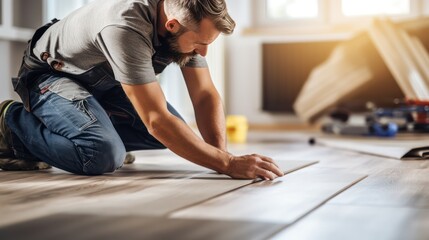 A Construction worker installing laminate flooring, room decoration design, professional technician, laminate background.