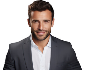 A Portrait of cheerful handsome businessman showing and advertising new product on gray background isolated background.