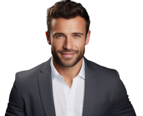 A Portrait of cheerful handsome businessman showing and advertising new product on gray background isolated background.