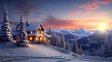 Beautiful winter house and christmas tree on the mountain