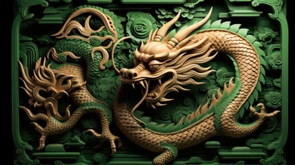 A Powerful green carved wooden dragon terrifying Chinese wood carving art Chinese New Year 2024 concept New Year greeting card background.