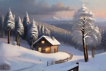 Fototapeta na wymiar A quaint wooden cabin nestled in the woods, covered in a fresh blanket of snow. A beautiful house of exterior on top of mountain surrounded with beautiful landscapes, Ai Generated