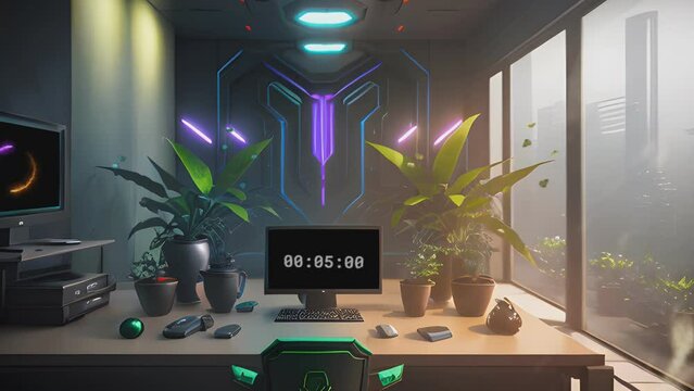 Modern work space with a computer in a mix of futuristic and natural style. 3D Cartoon painting illustration style. seamless looping 4K time-lapse virtual video animation.