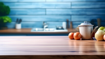 Wooden countertop on the background of a blue kitchen with fruit. Sunny warm morning time.