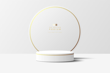 Luxury white 3D cylinder podium realistic or pedestal stage for product display presentation with round circle shape backdrop. Minimal scene for mockup. stage showcase. 3d vector geometric form. - obrazy, fototapety, plakaty