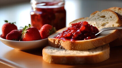 Sandwiches with strawberry jam and fresh fruit on a wooden table.
