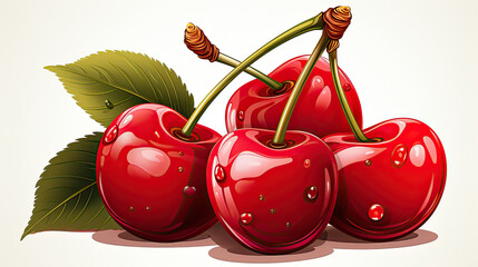 Cherries and steams on white background. Drawn illustration.