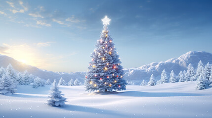 美しい銀世界とクリスマスツリーの3Dイラスト