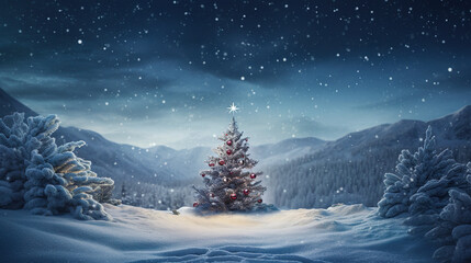 幻想的な夜の雪原とクリスマスツリーの3Dイラスト - obrazy, fototapety, plakaty
