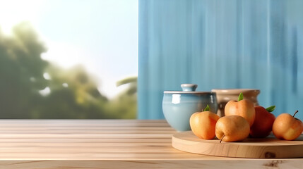 Wooden countertop on the background of a blue kitchen with fruit. Sunny warm morning time.