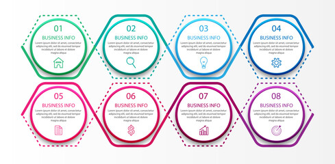 simple infographic business vector with 8 interconnected sections and options with color lines, icons, tex, numbers, options.
good for your business