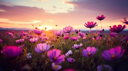 Sunset over a field of cosmos flowers