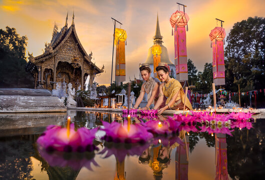 Loy Krathong Traditional Festival, Thai woman hold kratong, Thailand, Asia woman in Thai traditional dress hold kratong and bring Krathong to float Loi kratong day Thailand pray respect water goddess