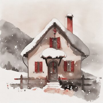 cozy winter house in the snow in watercolor
