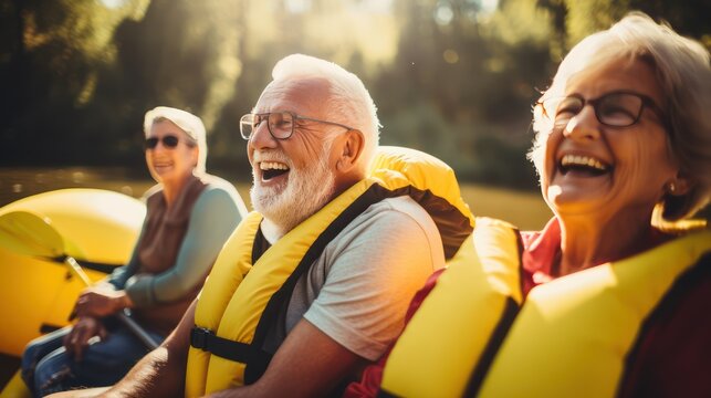 A Candid capture of joyful senior citizens enjoying companionship at a social club. Collect friendships and fun during camping adventures in misty forests and lakes.
