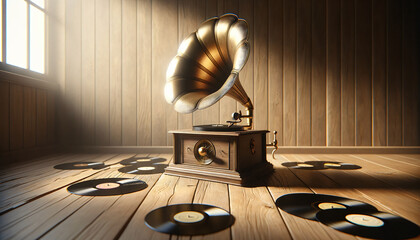 a minimalistic, vintage gramophone on a wooden floor, surrounded by vinyl records - obrazy, fototapety, plakaty