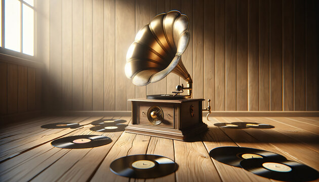 a minimalistic, vintage gramophone on a wooden floor, surrounded by vinyl records