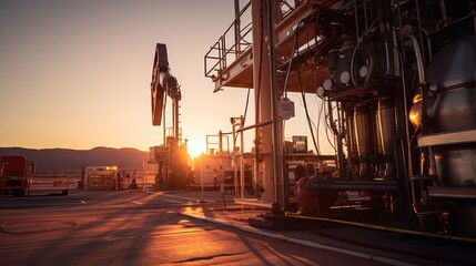 A Oil drilling machine in the desert, Industry, energy industry, gas station at sunset.